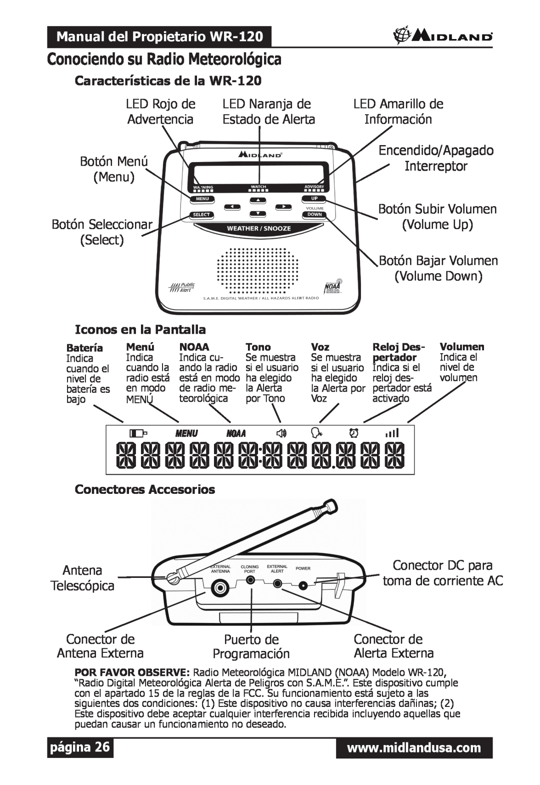 Midland Radio Conociendo su Radio Meteorológica, Manual del Propietario WR-120, Características de la WR-120, página 