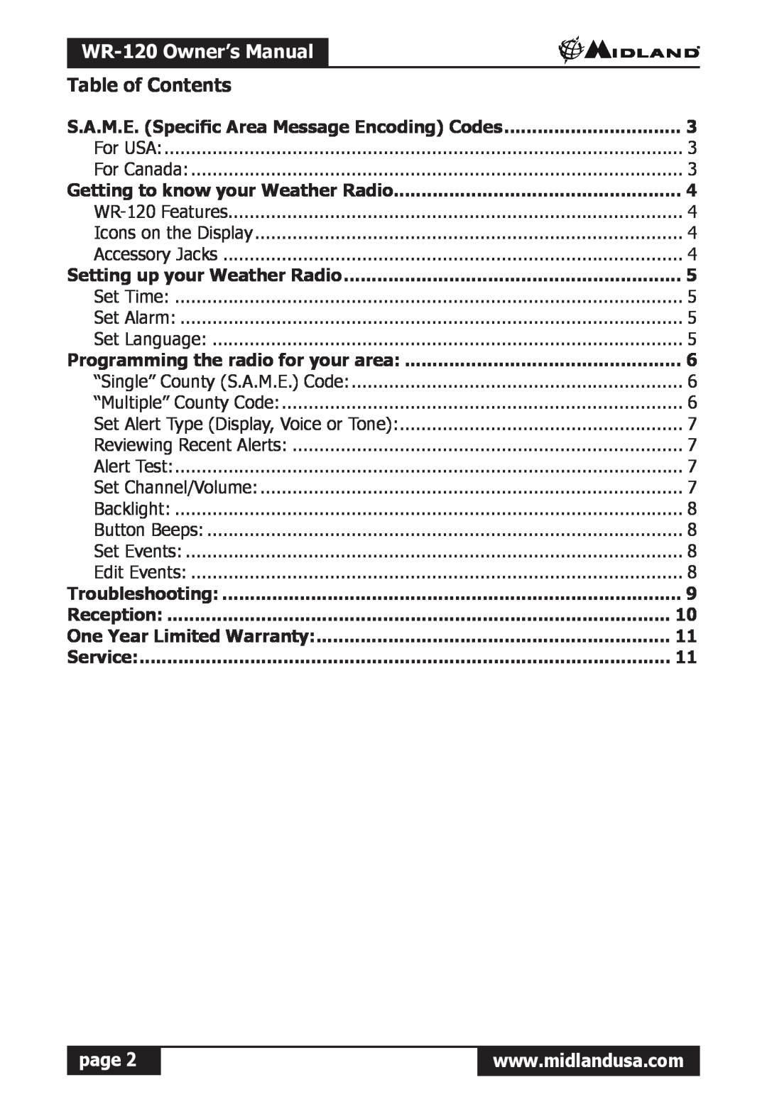 Midland Radio WR-120 owner manual Table of Contents, page, S.A.M.E. Specific Area Message Encoding Codes 