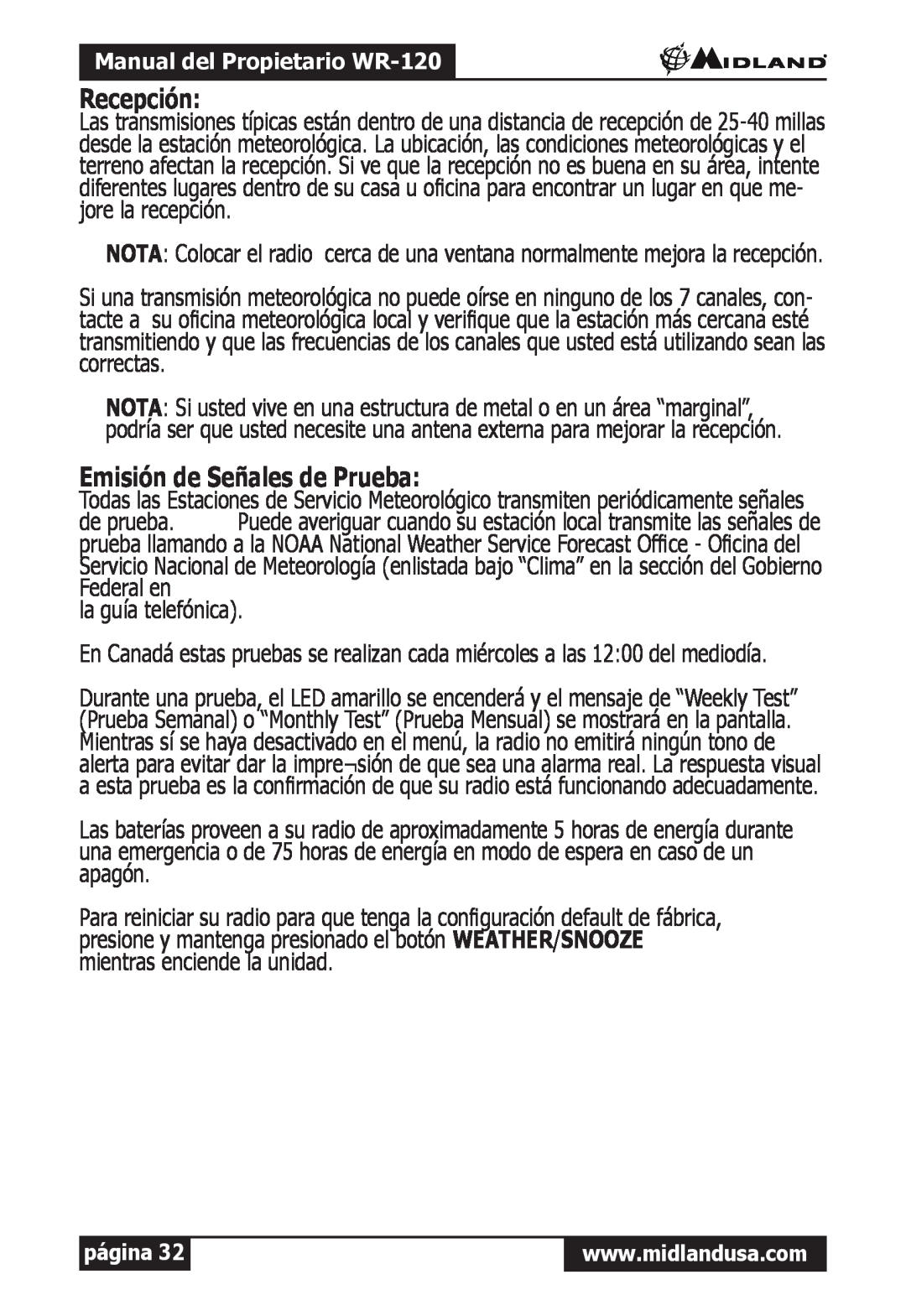 Midland Radio WR-120 owner manual Recepción, Emisión de Señales de Prueba 