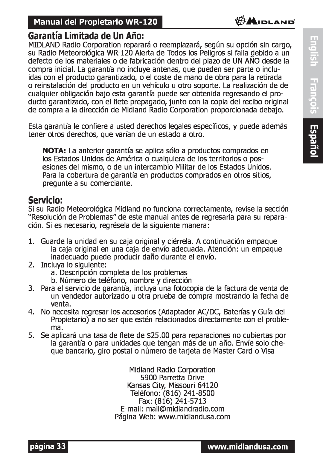 Midland Radio Garantía Limitada de Un Año, Servicio, English François Español, Manual del Propietario WR-120, página 