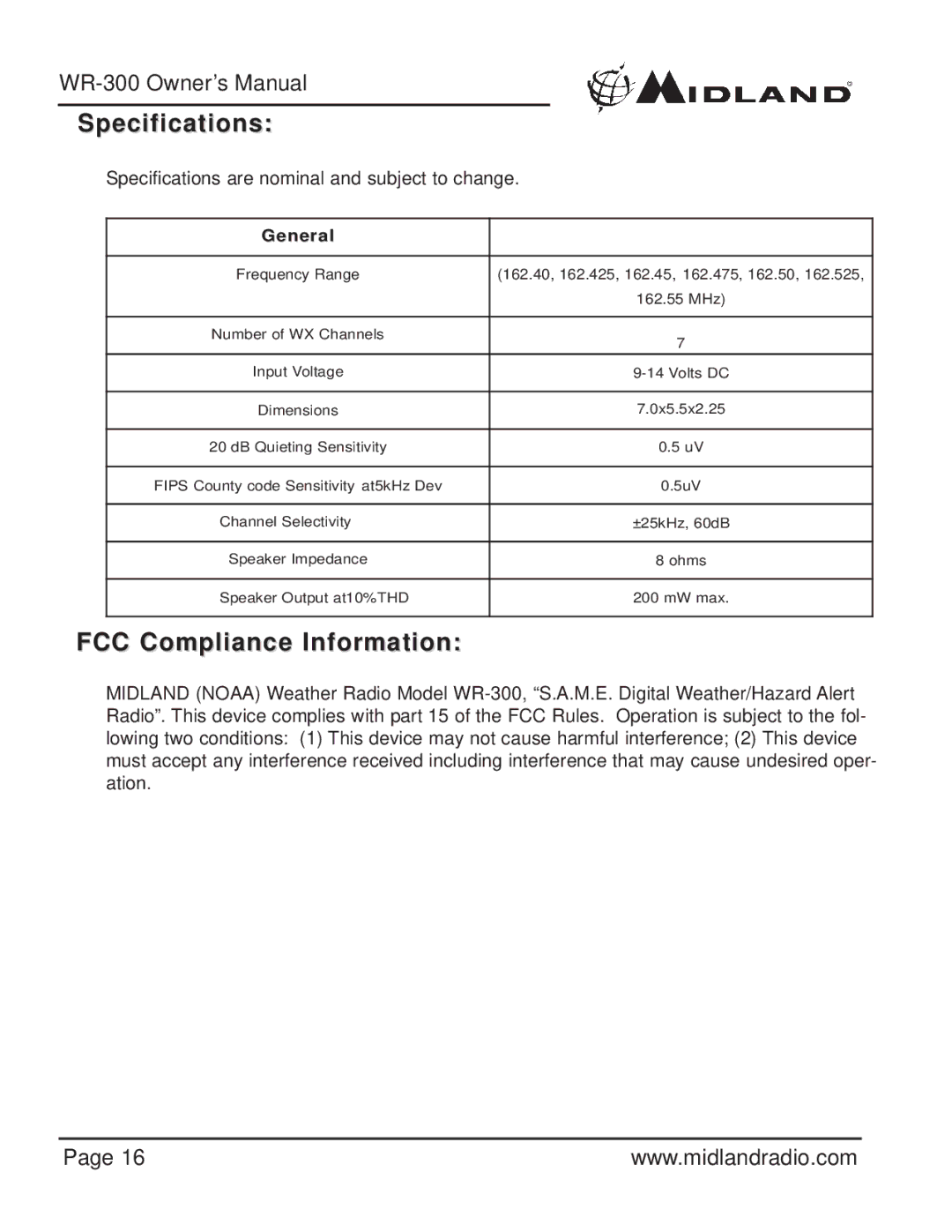 Midland Radio WR-300 owner manual Specifications, FCC Compliance Information 