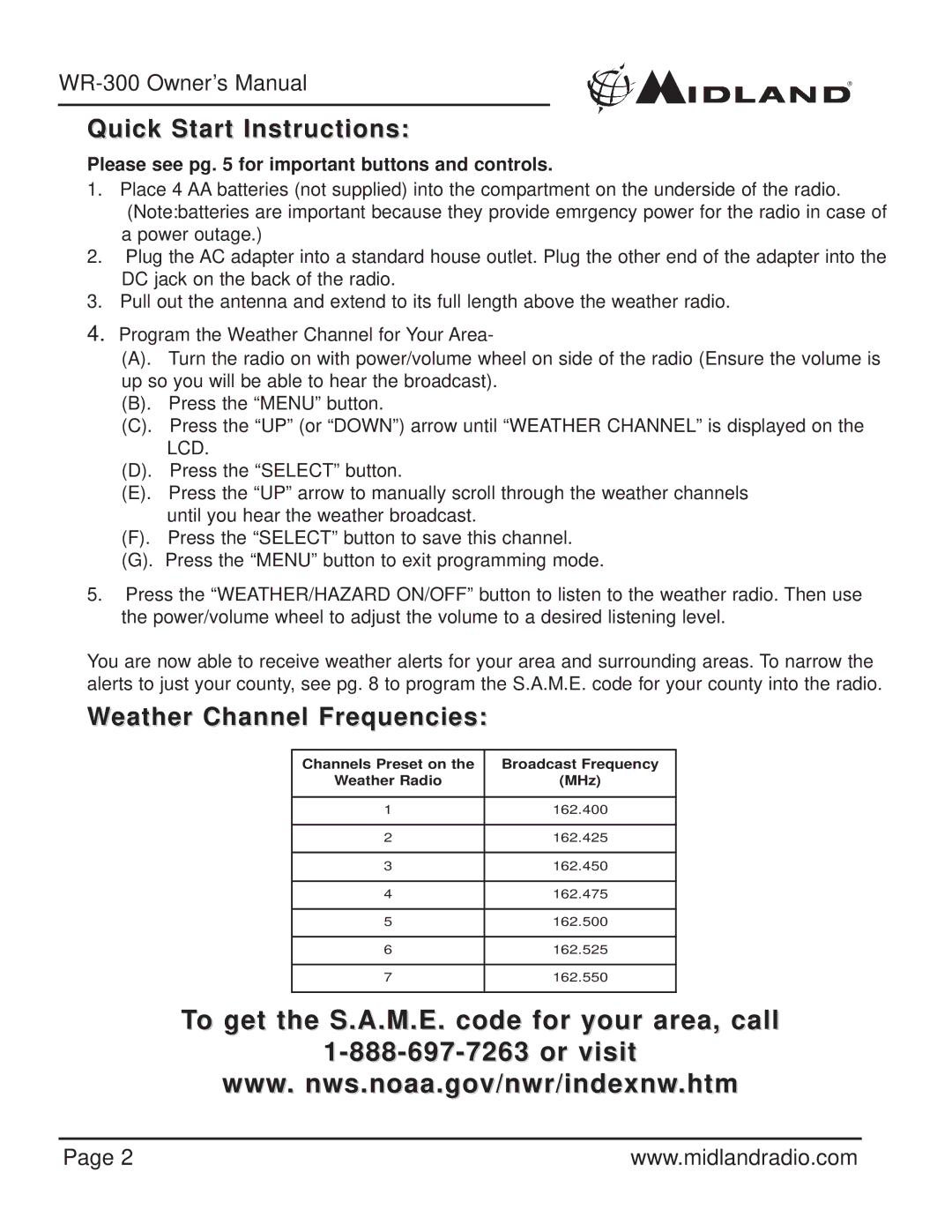 Midland Radio WR-300 owner manual Quick Start Instructions, Weather Channel Frequencies 