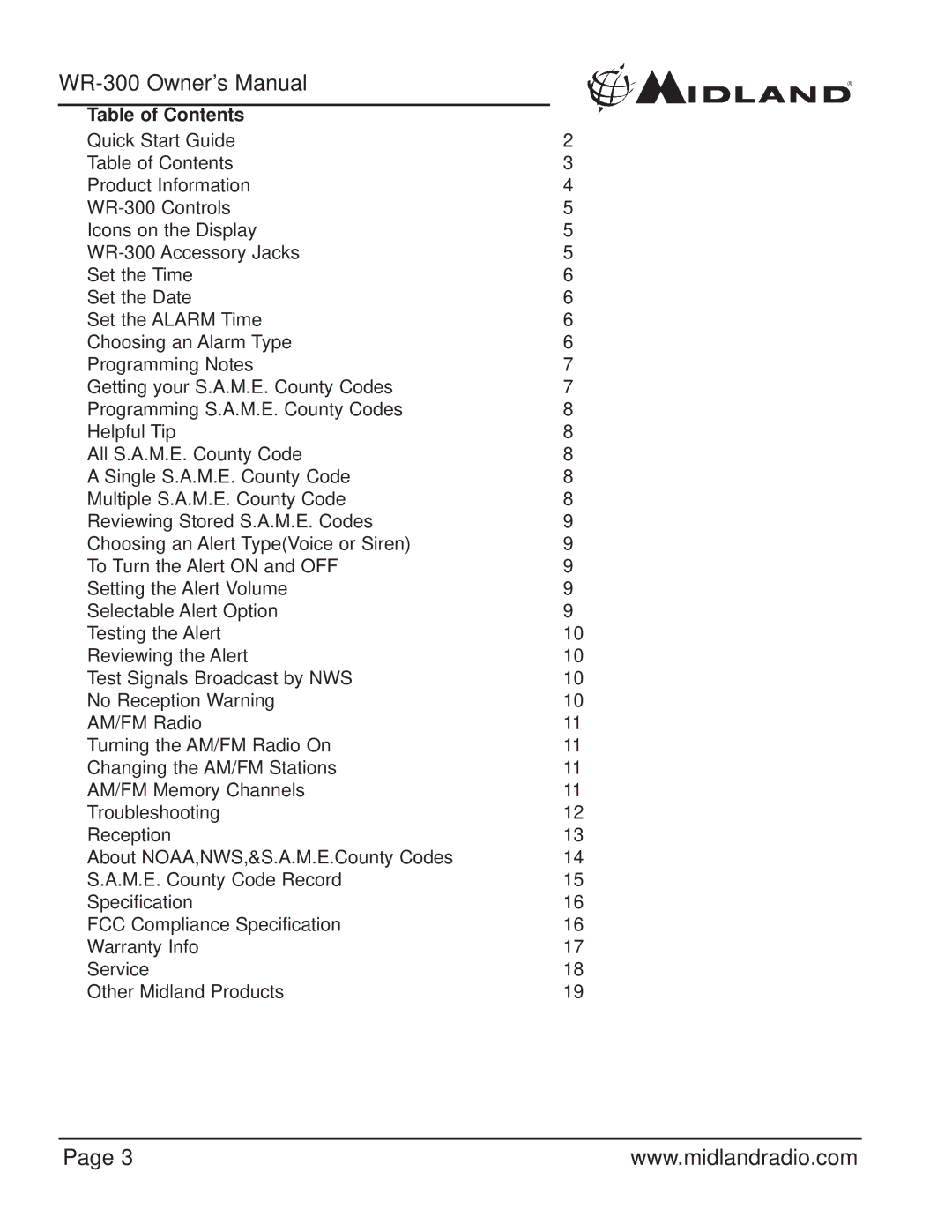 Midland Radio WR-300 owner manual Table of Contents 