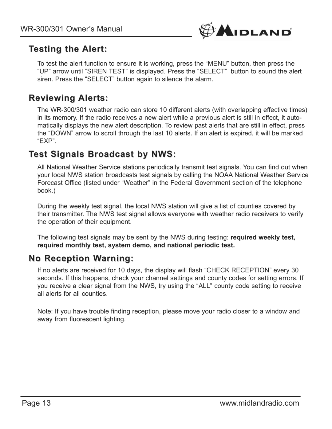 Midland Radio WR-300/301 Testing the Alert, Reviewing Alerts, Test Signals Broadcast by NWS, No Reception Warning 