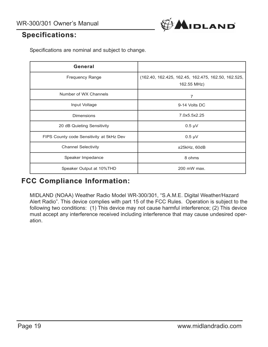 Midland Radio WR-300/301 owner manual Specifications, FCC Compliance Information 