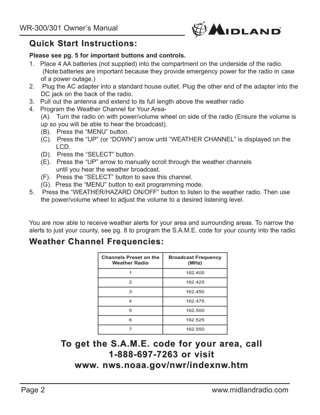 Midland Radio WR-300/301 owner manual Quick Start Instructions, Weather Channel Frequencies 