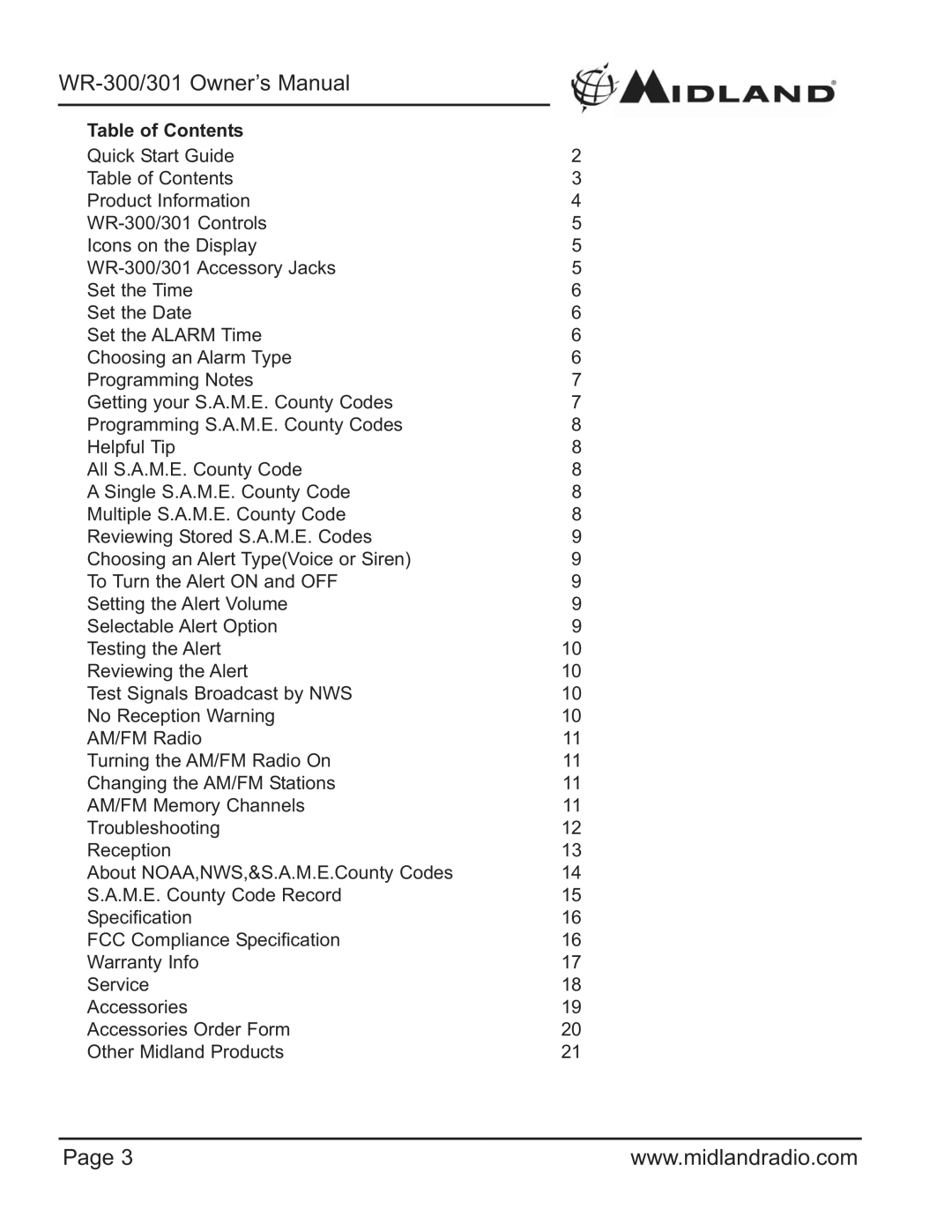 Midland Radio WR-300/301 owner manual Table of Contents 