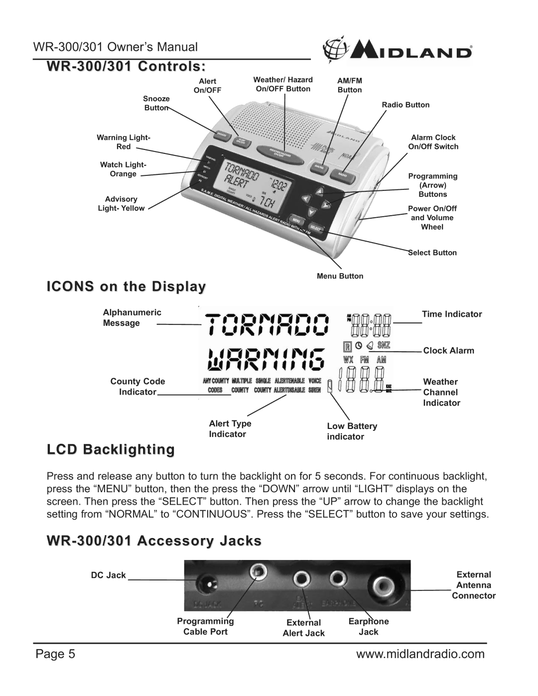 Midland Radio owner manual WR-300/301 Controls, Icons on the Display, WR-300/301 Accessory Jacks 