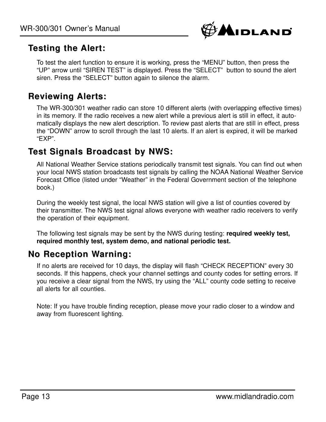 Midland Radio WR-301 owner manual Testing the Alert, Reviewing Alerts, Test Signals Broadcast by NWS, No Reception Warning 