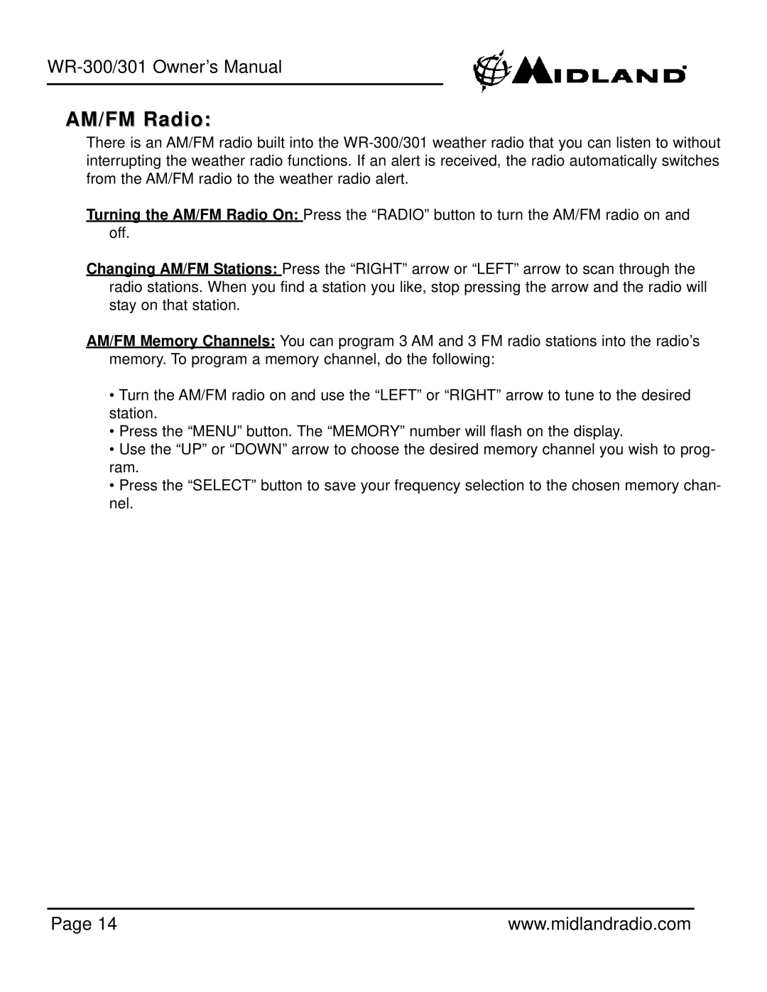 Midland Radio WR-301 owner manual AM/FM Radio 