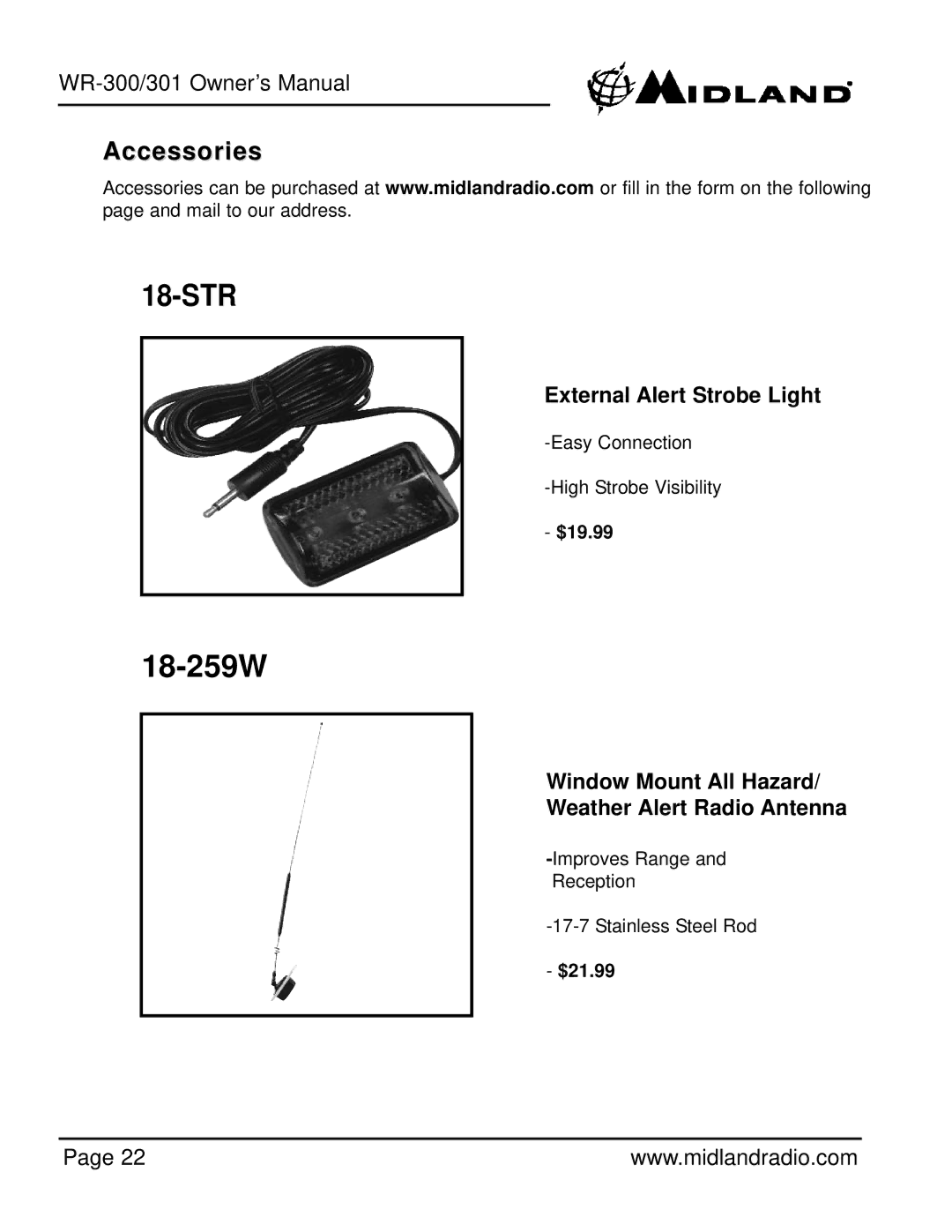 Midland Radio WR-301 owner manual 18-259W, Accessories 