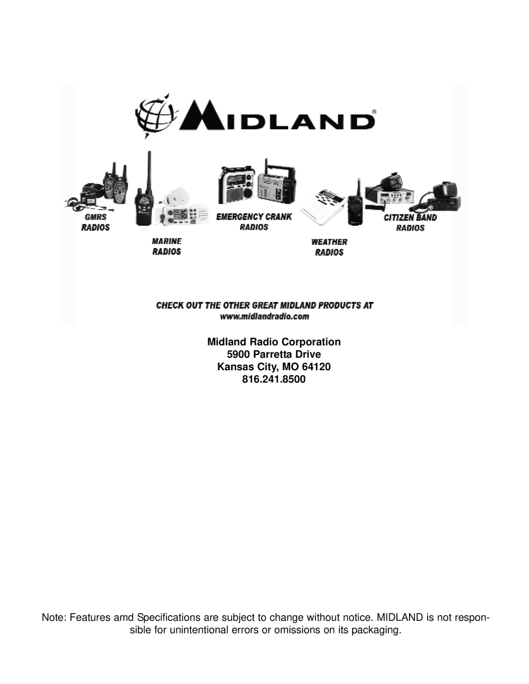 Midland Radio WR-301 owner manual Sible for unintentional errors or omissions on its packaging 