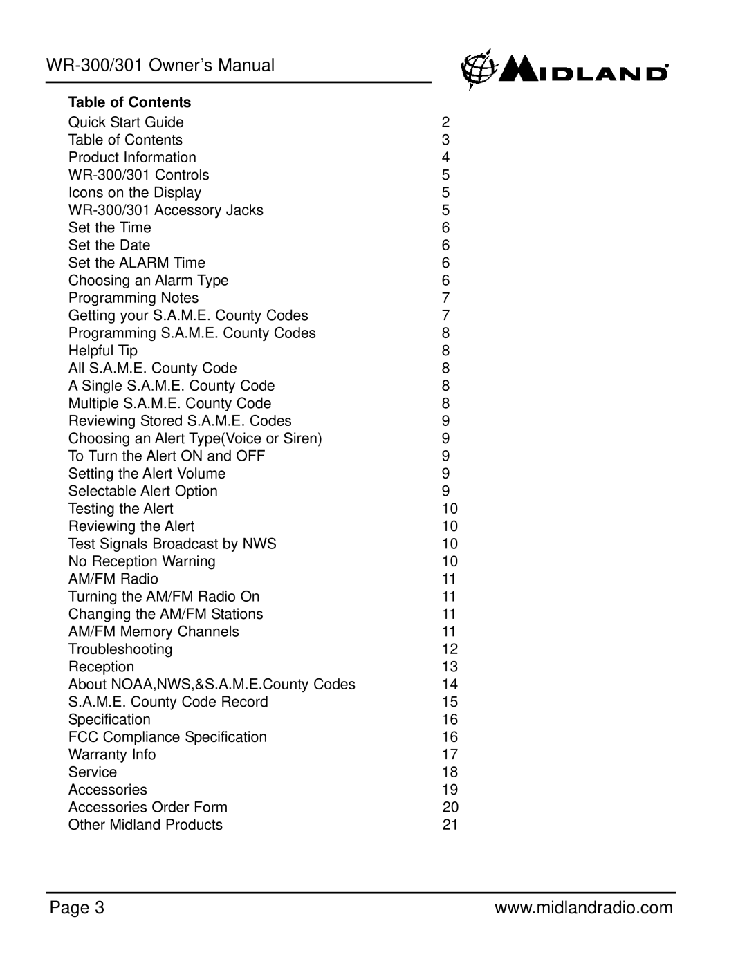 Midland Radio WR-301 owner manual Table of Contents 