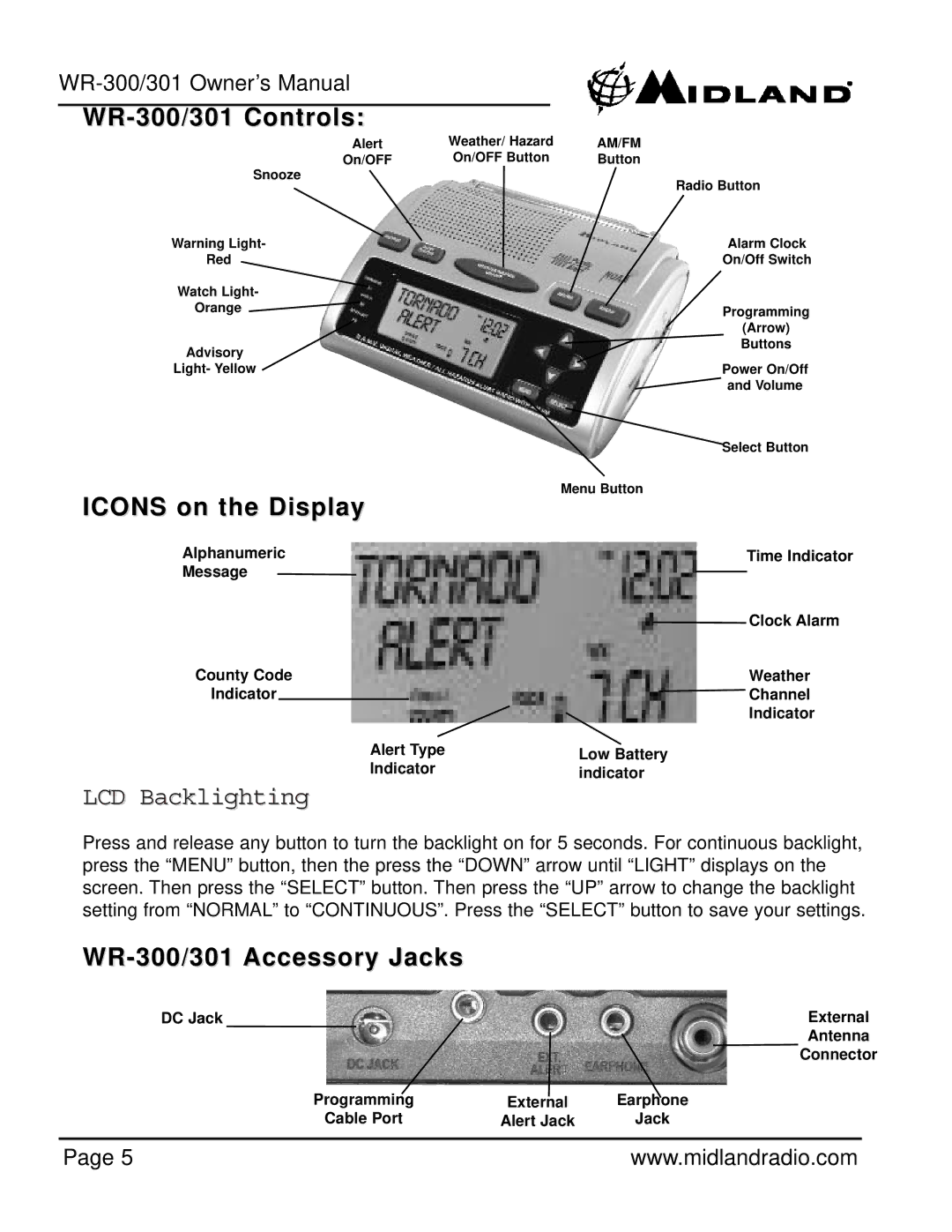 Midland Radio WR-301 owner manual WR-300/301 Controls, Icons on the Display, WR-300/301 Accessory Jacks 