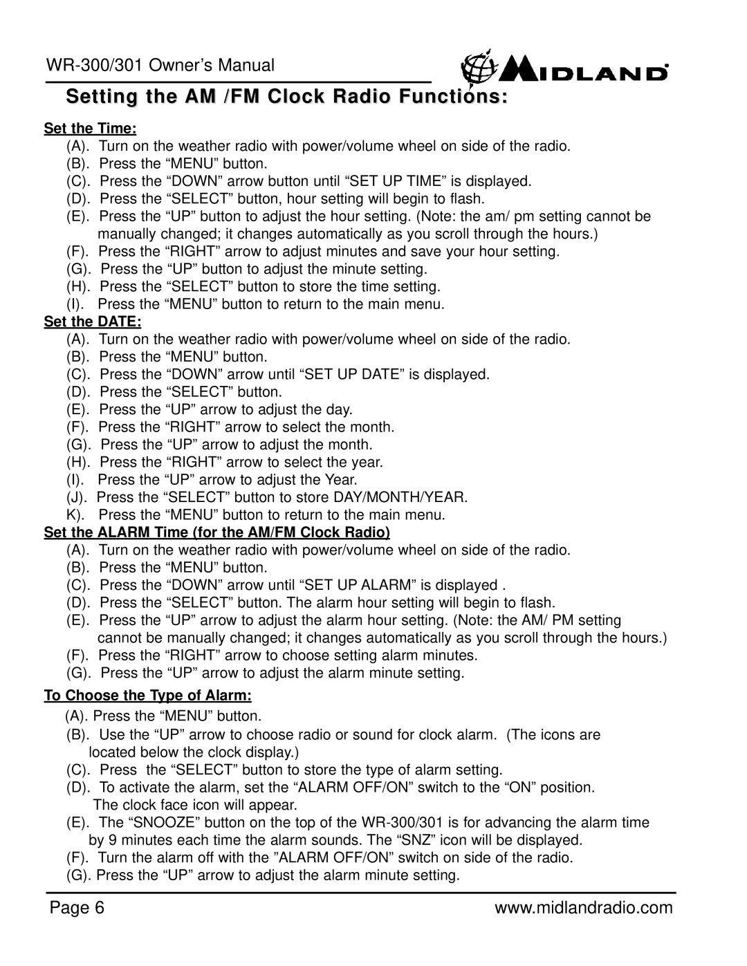 Midland Radio WR-301 owner manual Setting the AM /FM Clock Radio Functions, Set the Time 