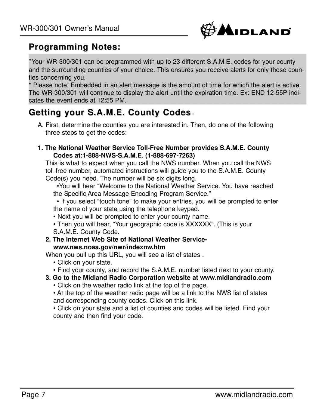 Midland Radio WR-301 owner manual Programming Notes, Getting your S.A.M.E. County Codes 