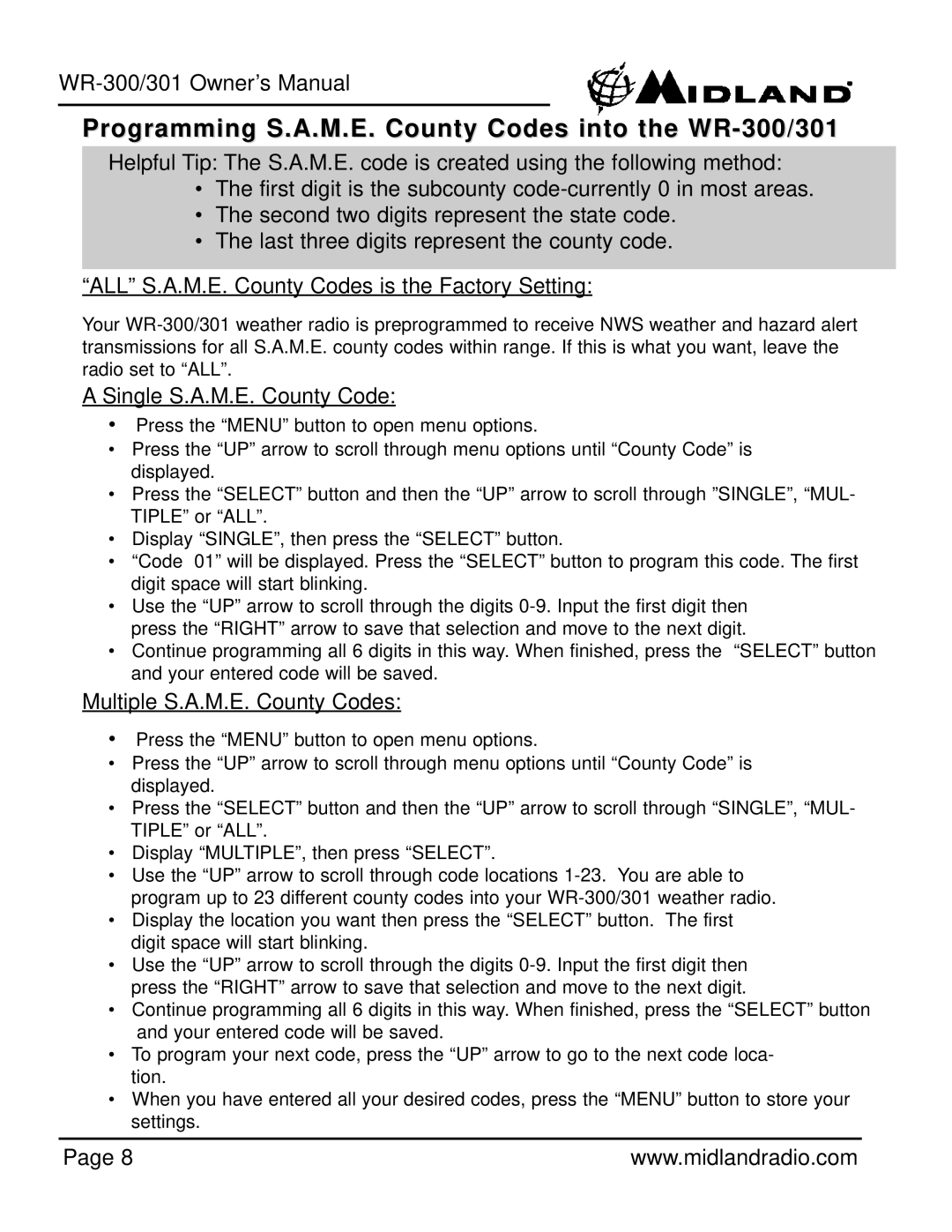 Midland Radio WR-301 owner manual Programming S.A.M.E. County Codes into the WR-300/301, Single S.A.M.E. County Code 