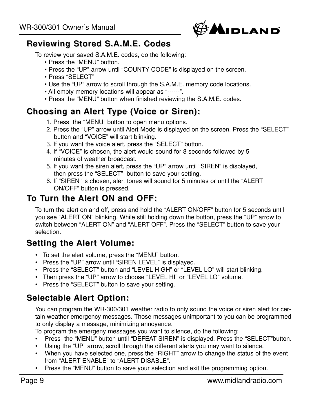 Midland Radio WR-301 Reviewing Stored S.A.M.E. Codes, Choosing an Alert Type Voice or Siren, To Turn the Alert on and OFF 