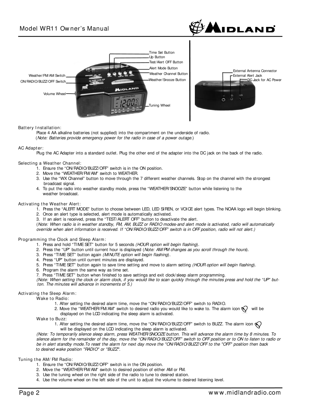 Midland Radio WR11 owner manual Battery Installation 