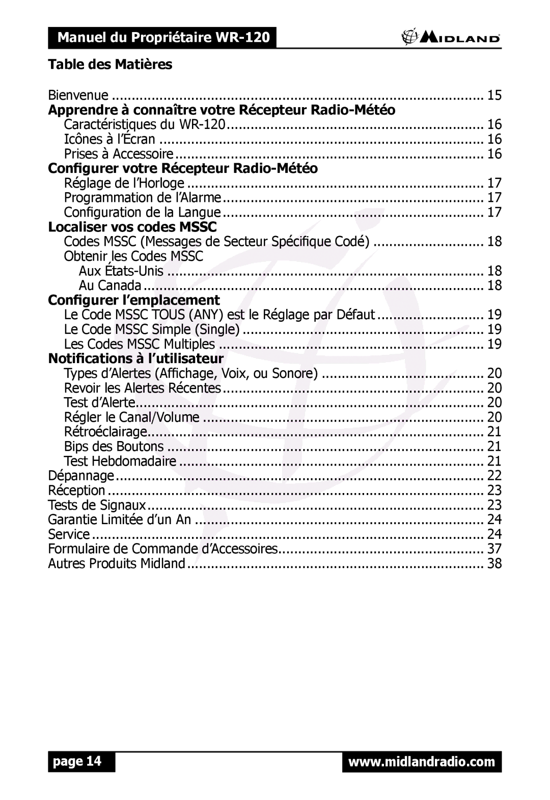 Midland Radio WR120 Table des Matières, Apprendre à connaître votre Récepteur Radio-Météo, Localiser vos codes Mssc 