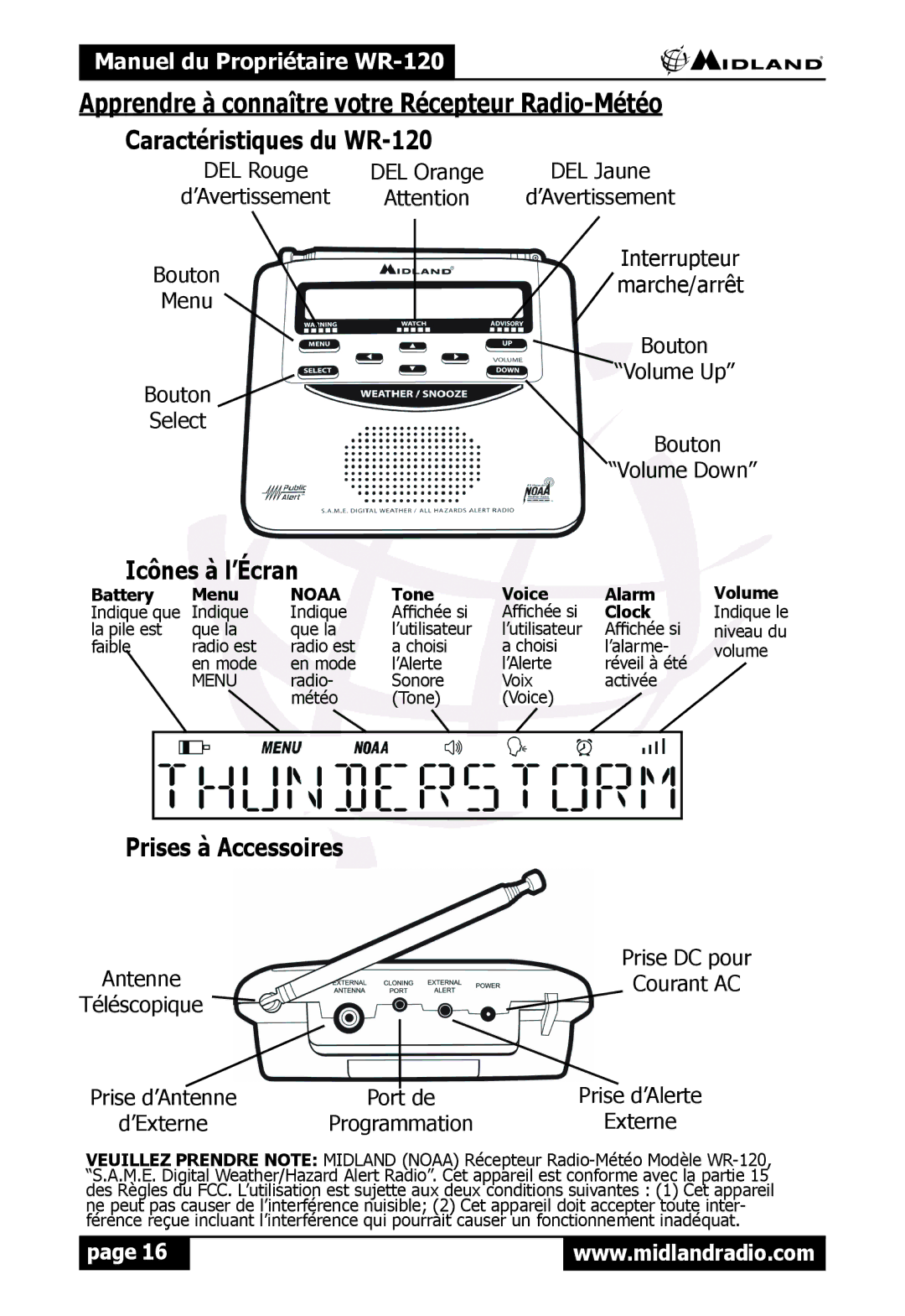 Midland Radio WR120 owner manual Icônes à l’Écran, Prises à Accessoires 