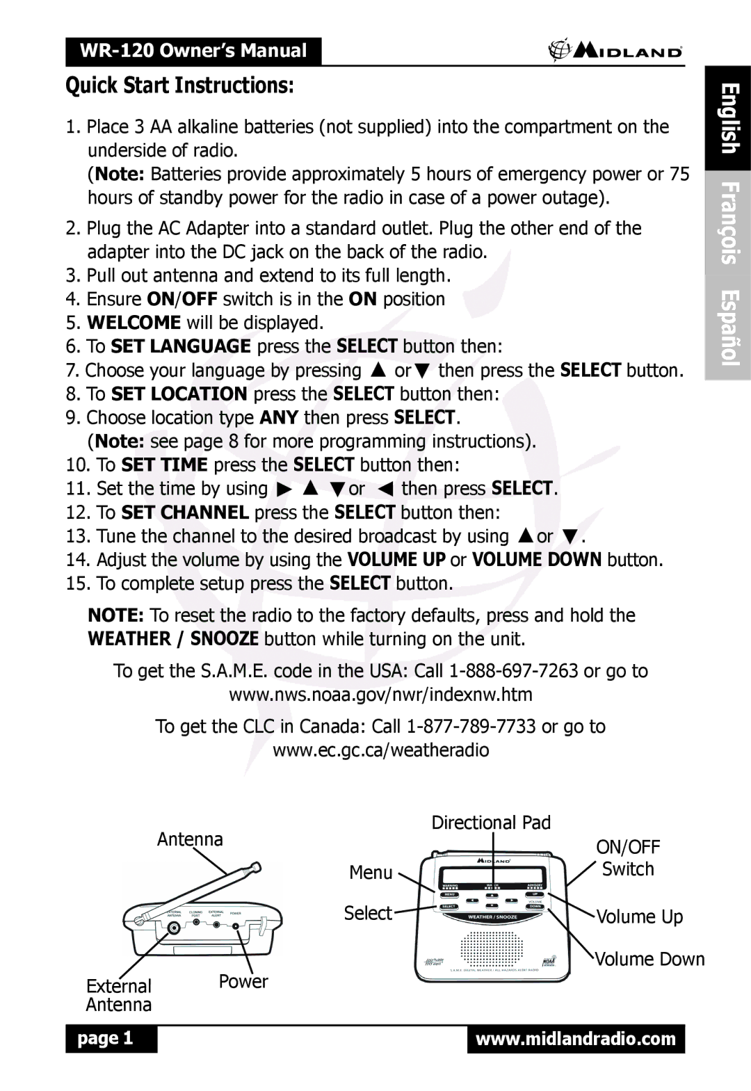 Midland Radio WR120 owner manual Quick Start Instructions, English François Español 