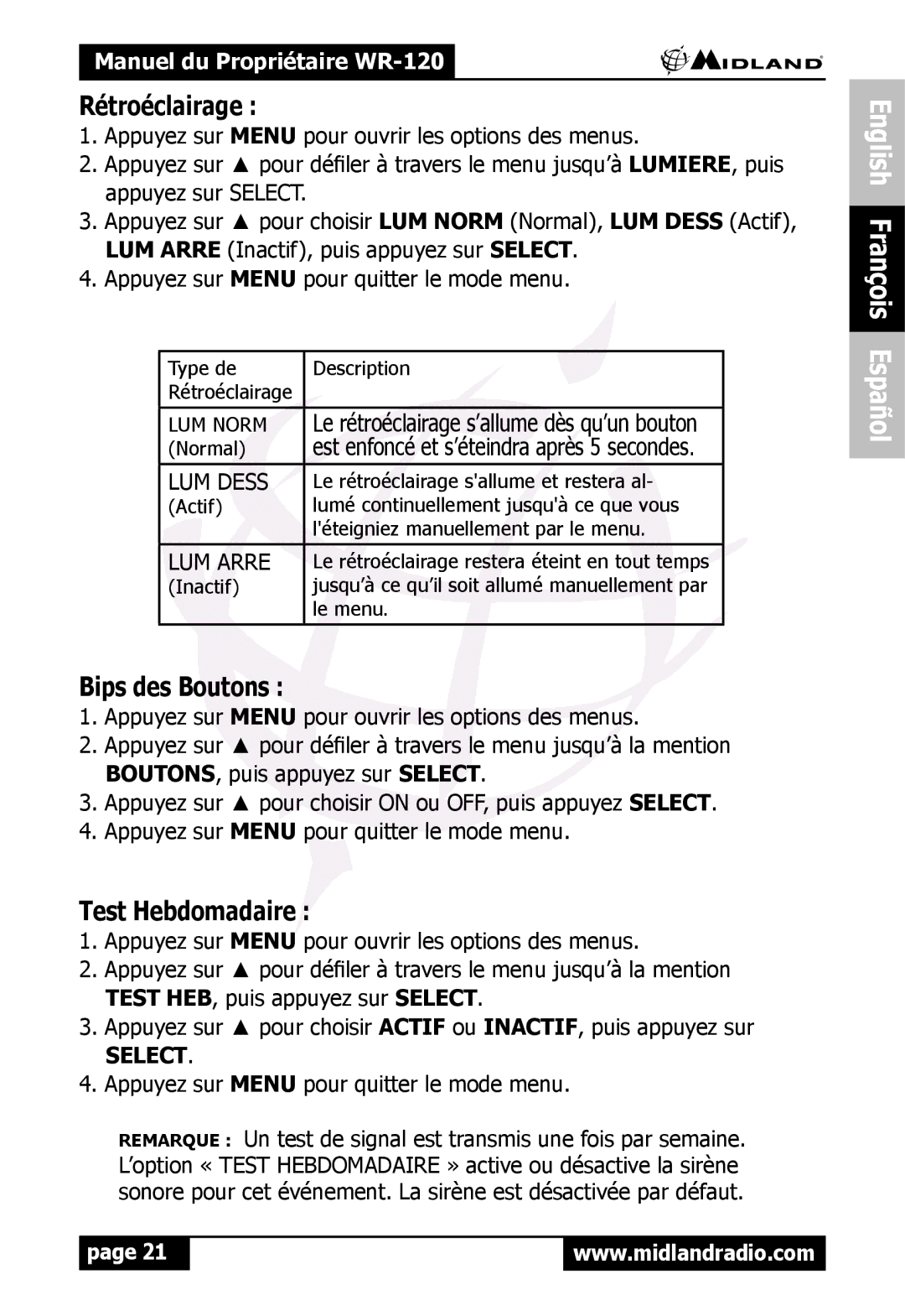 Midland Radio WR120 owner manual Rétroéclairage, Bips des Boutons, Test Hebdomadaire 