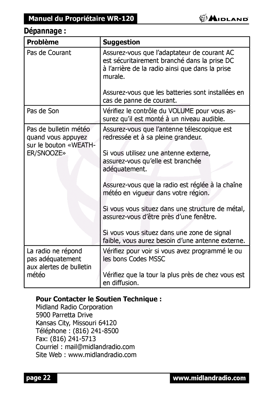 Midland Radio WR120 owner manual Dépannage, Problème Suggestion, Pour Contacter le Soutien Technique 