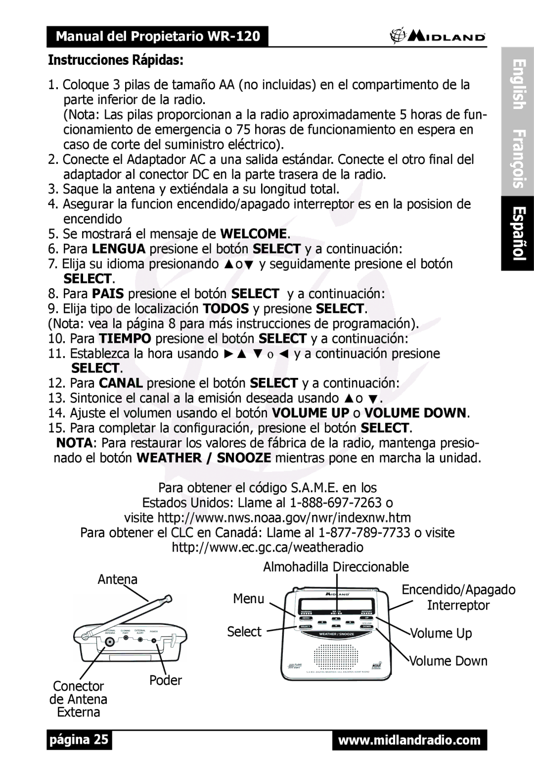 Midland Radio WR120 owner manual Instrucciones Rápidas 