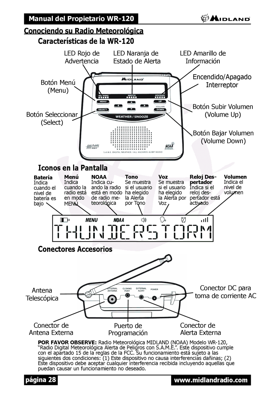 Midland Radio WR120 owner manual Características de la WR-120, Iconos en la Pantalla, Conectores Accesorios 