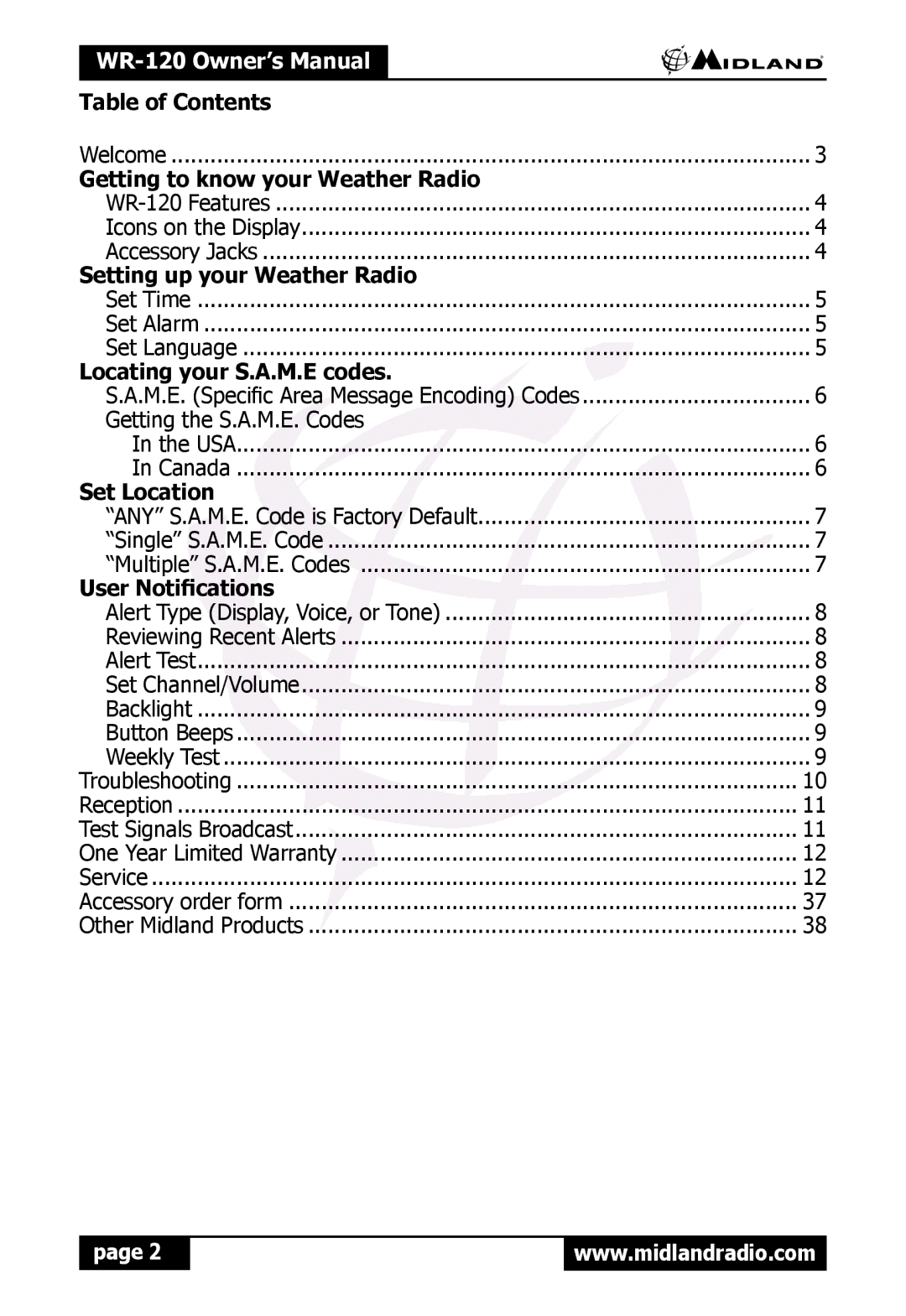 Midland Radio WR120 Table of Contents, Getting to know your Weather Radio, Setting up your Weather Radio, Set Location 