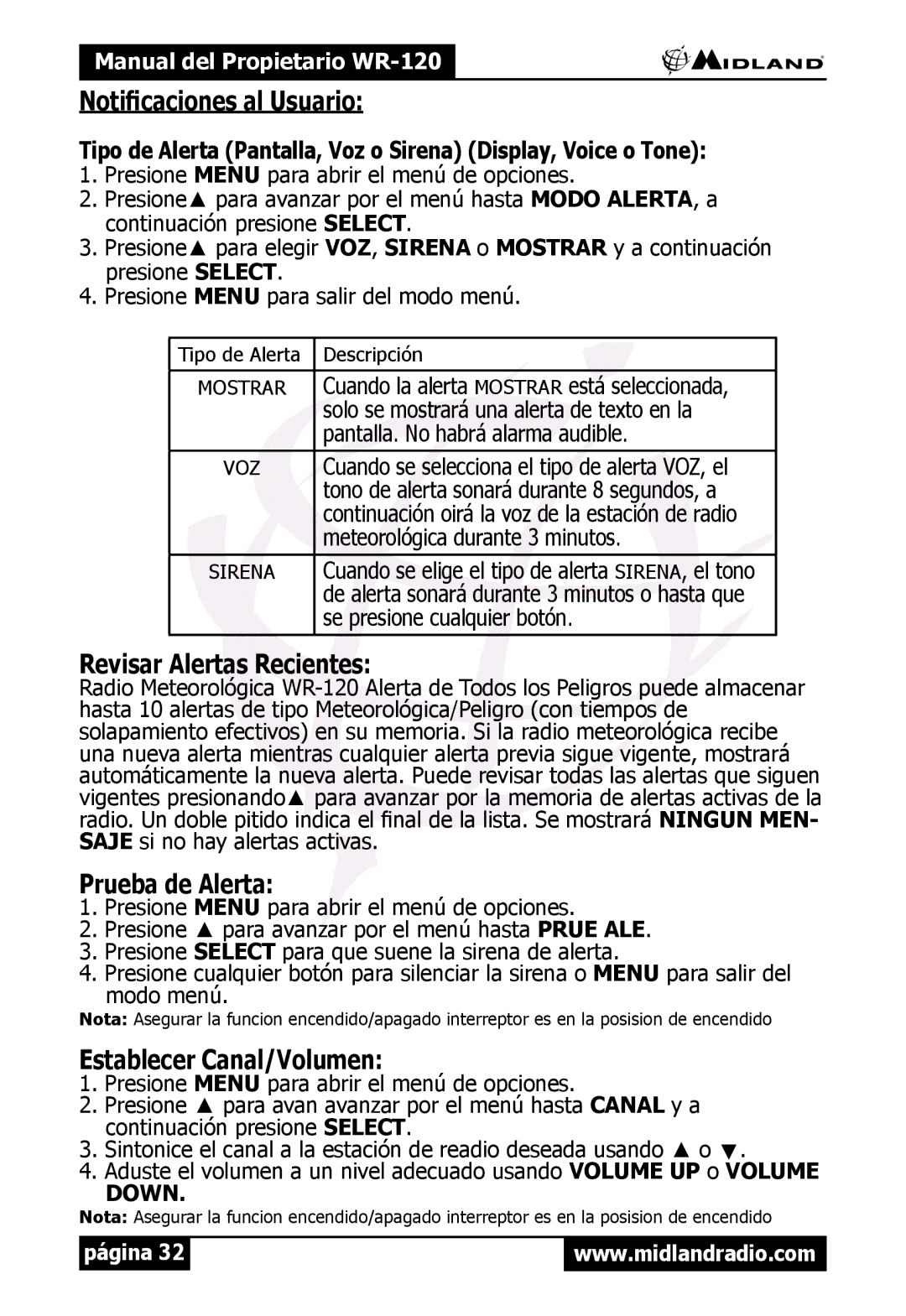 Midland Radio WR120 Notificaciones al Usuario, Revisar Alertas Recientes, Prueba de Alerta, Establecer Canal/Volumen 