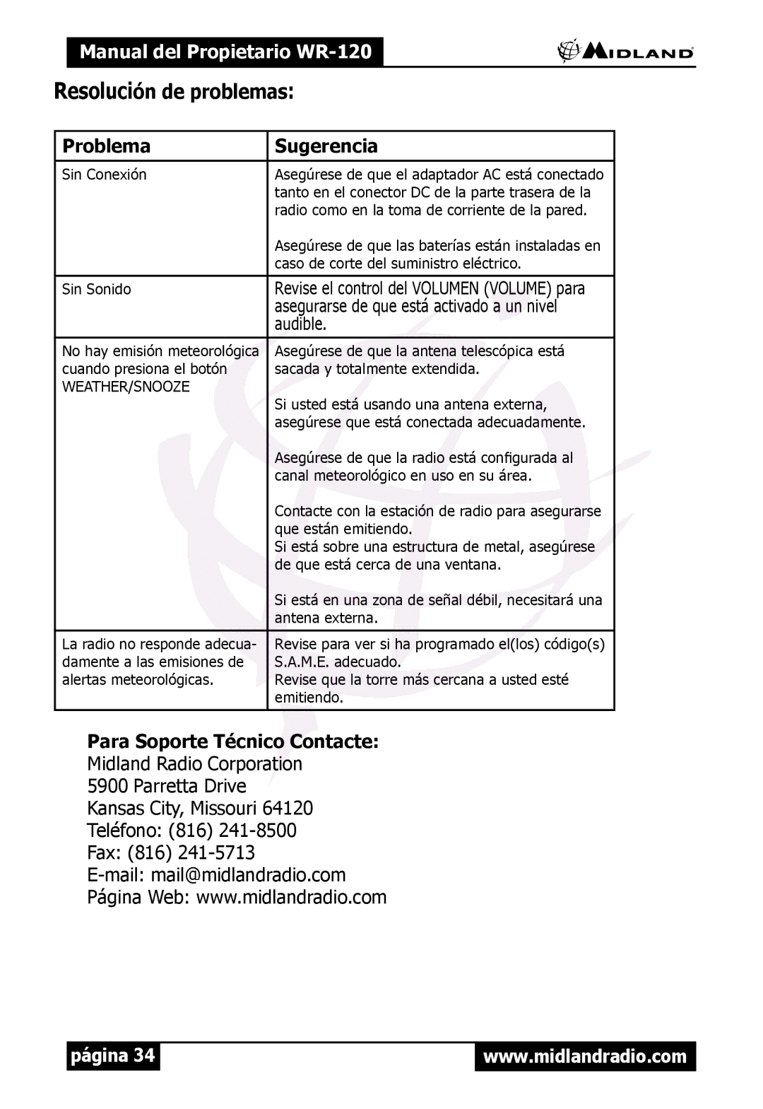 Midland Radio WR120 owner manual Problema Sugerencia, Para Soporte Técnico Contacte 