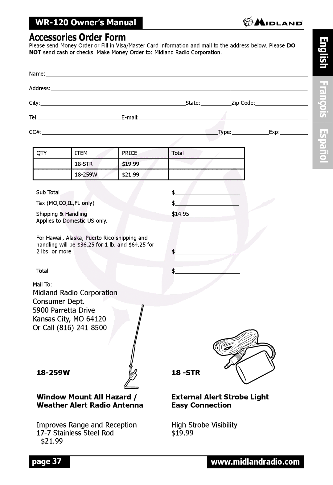 Midland Radio WR120 owner manual Accessories Order Form, QTY Price 