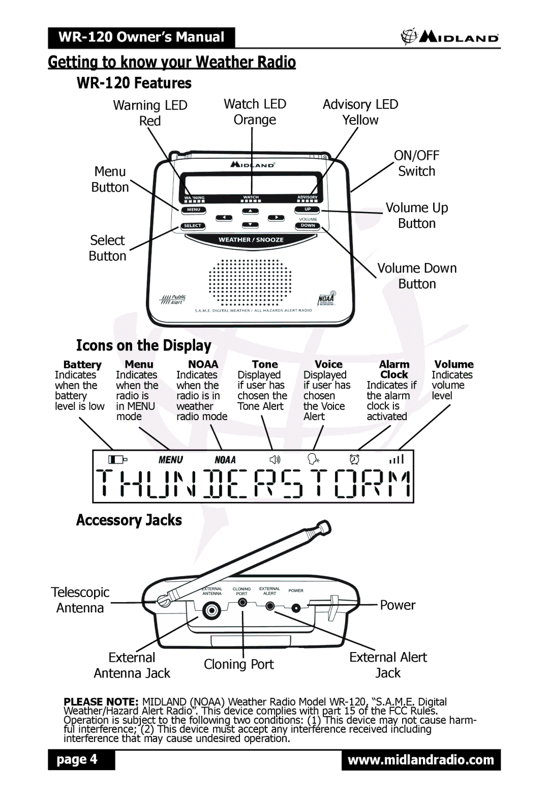 Midland Radio WR120 owner manual Getting to know your Weather Radio WR-120 Features, Icons on the Display, Accessory Jacks 