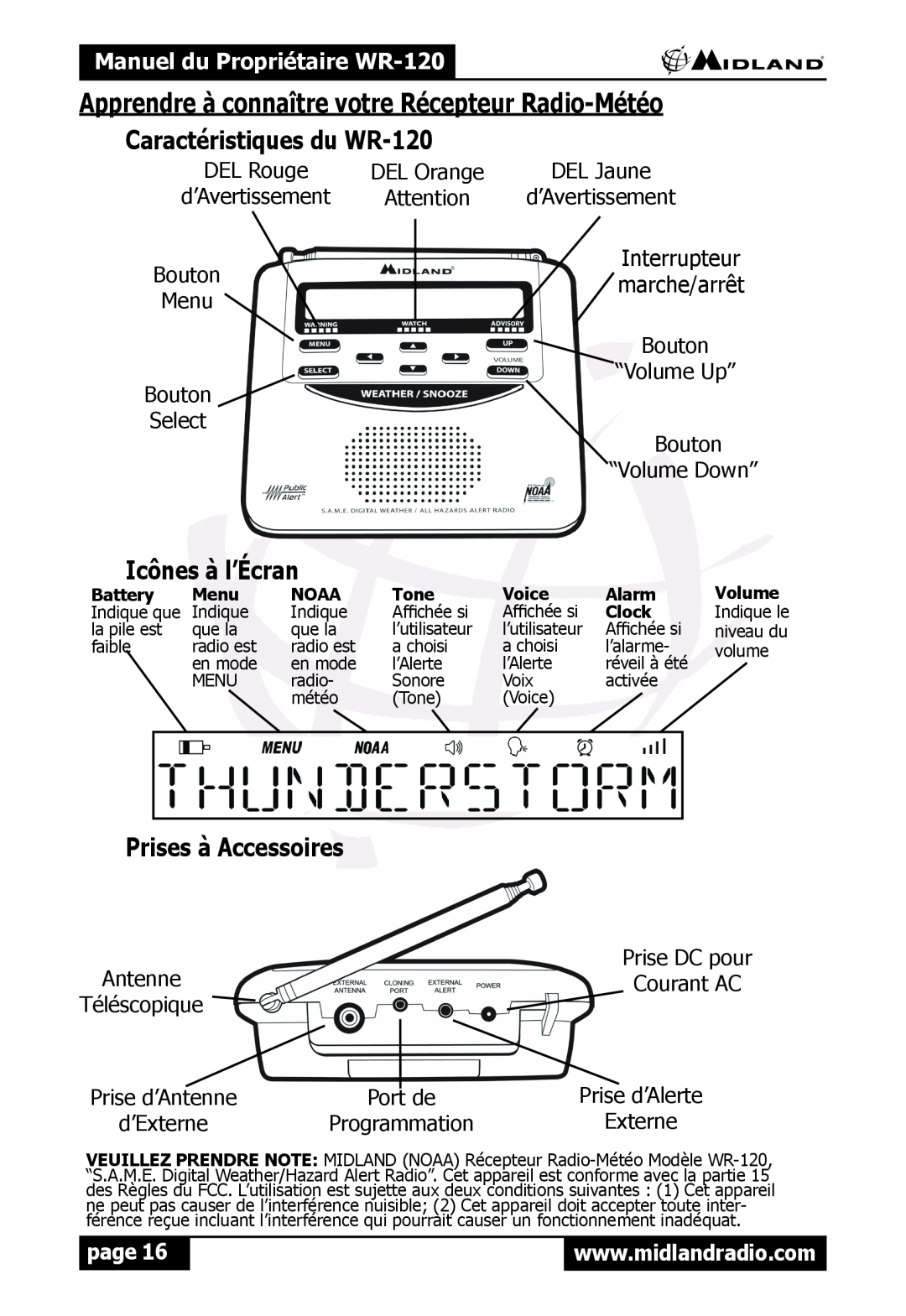 Midland Radio WR120 Apprendre à connaître votre Récepteur Radio-Météo, Caractéristiques du WR-120, Icônes à l’Écran, page 