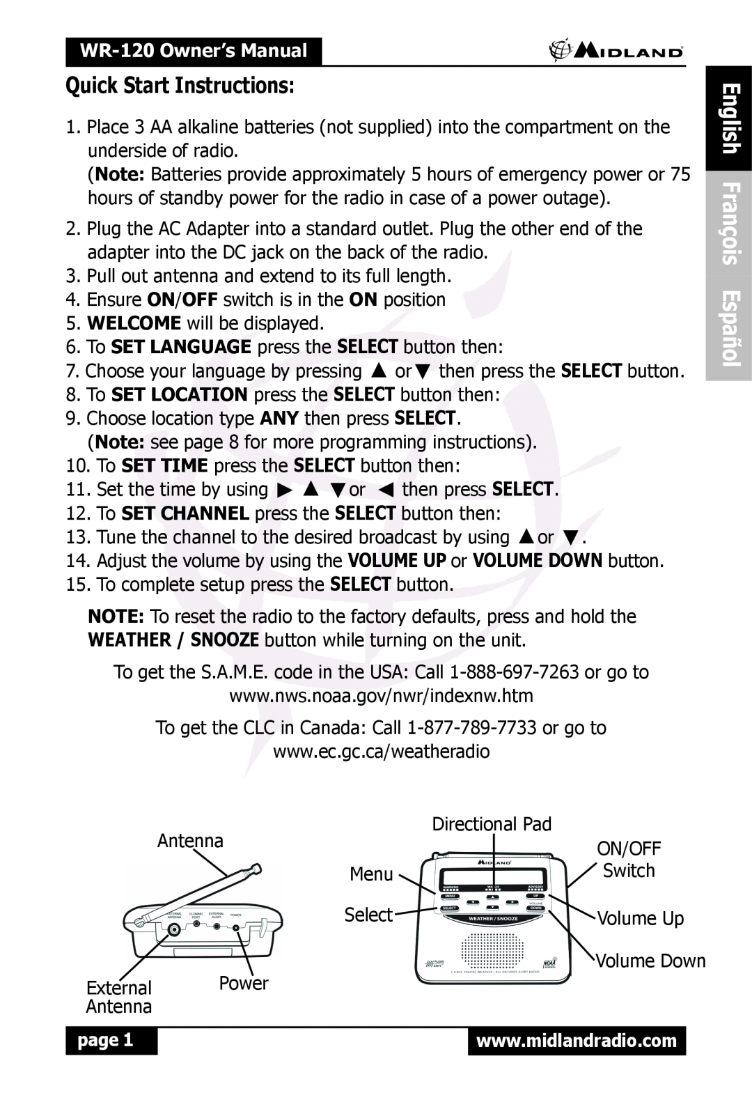 Midland Radio WR120 owner manual Quick Start Instructions, English François Español, WR-120Owner’s Manual, page 