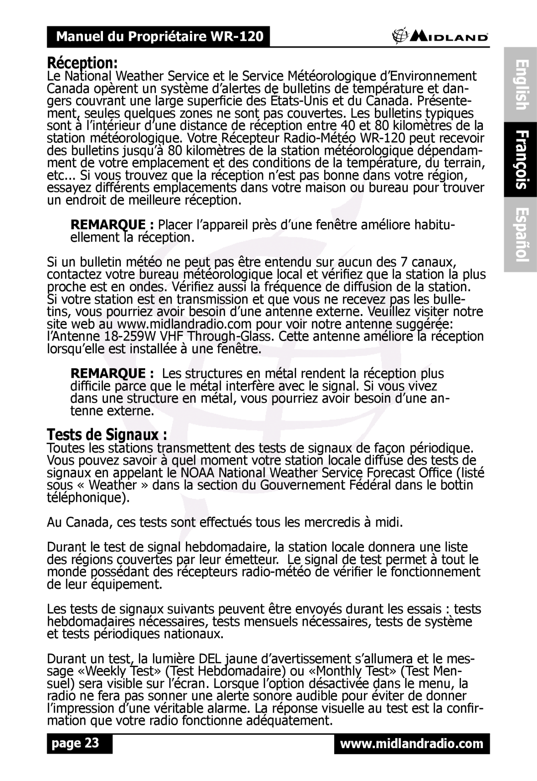Midland Radio WR120 owner manual Réception, Tests de Signaux, English François Español, Manuel du Propriétaire WR-120, page 