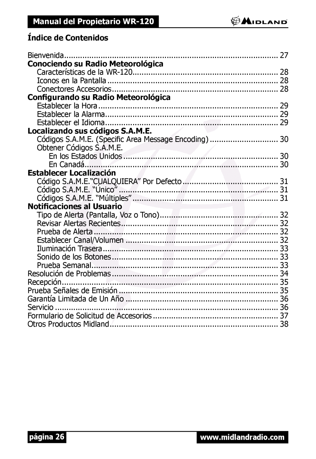 Midland Radio WR120 Manual del Propietario WR-120, Índice de Contenidos, Conociendo su Radio Meteorológica, página 