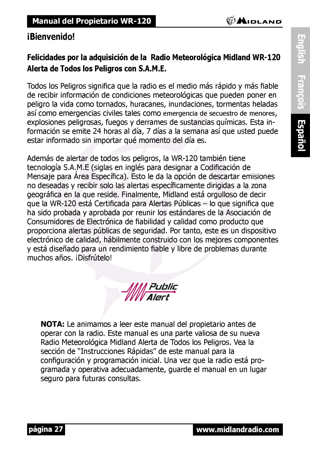 Midland Radio WR120 owner manual ¡Bienvenido, English François Español, Manual del Propietario WR-120, página 