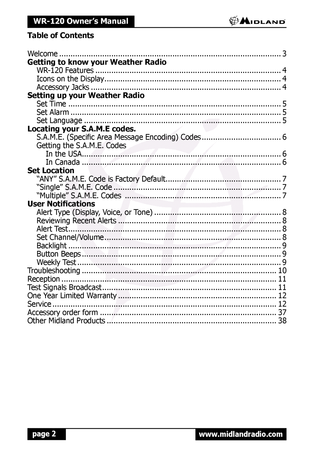 Midland Radio WR120 WR-120Owner’s Manual, Table of Contents, Getting to know your Weather Radio, Set Location, page 
