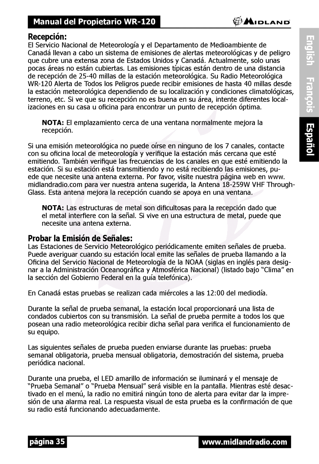 Midland Radio WR120 Recepción, Probar la Emisión de Señales, English François Español, Manual del Propietario WR-120 