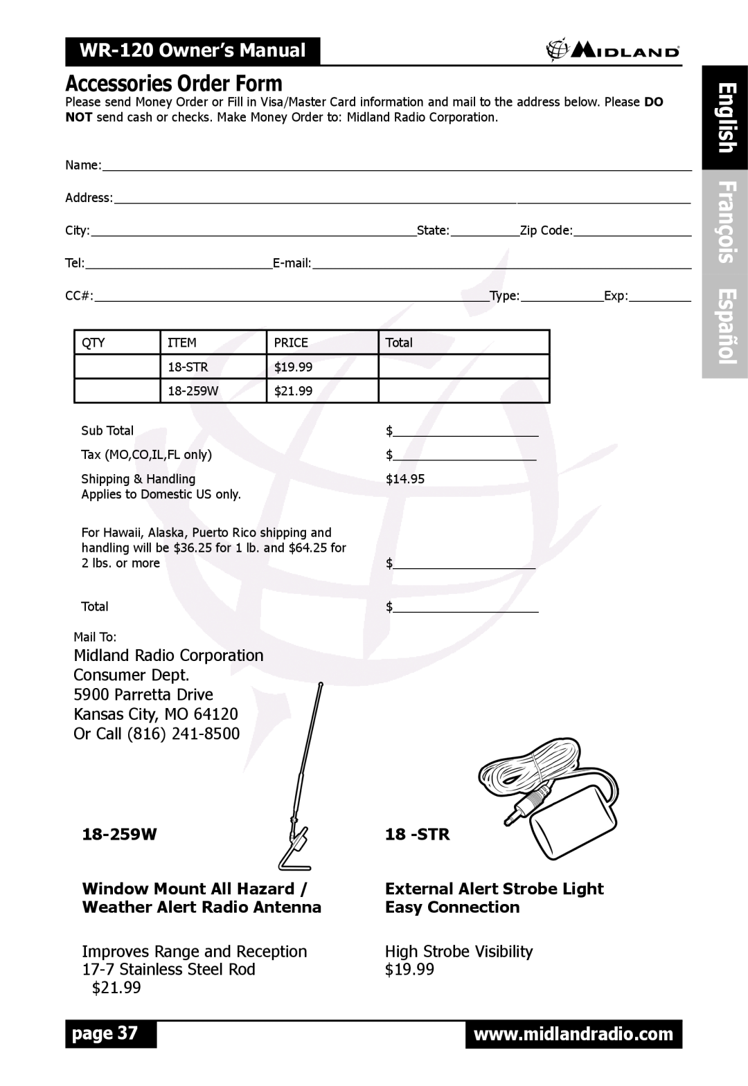 Midland Radio WR120 owner manual Accessories Order Form, English François Español, WR-120Owner’s Manual, page 