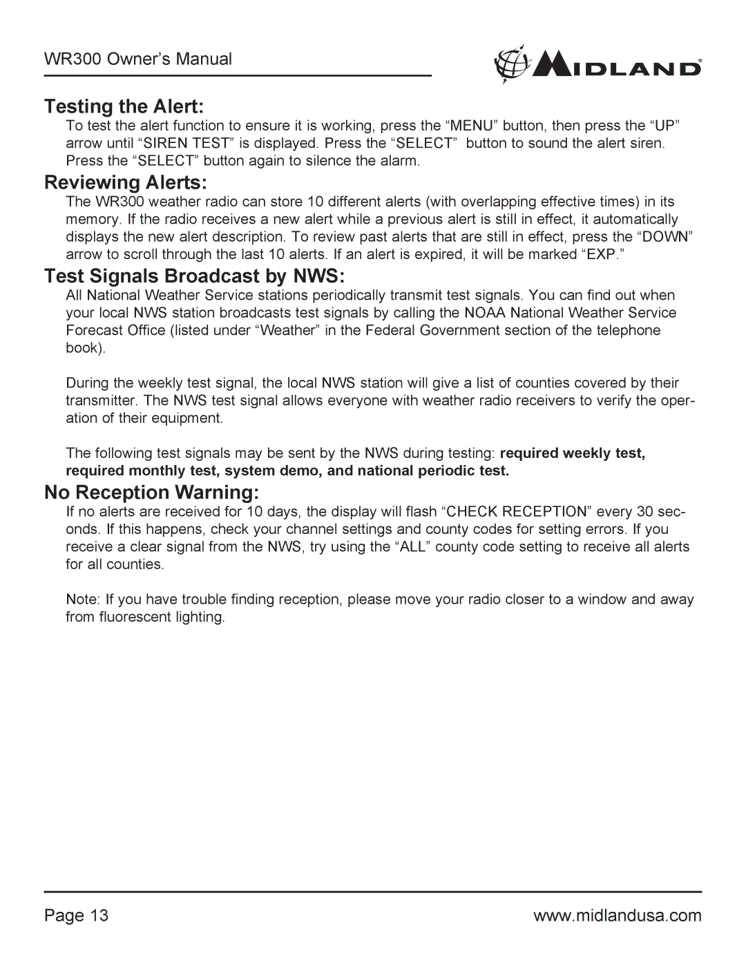 Midland Radio WR300 owner manual Testing the Alert, Reviewing Alerts, Test Signals Broadcast by NWS, No Reception Warning 