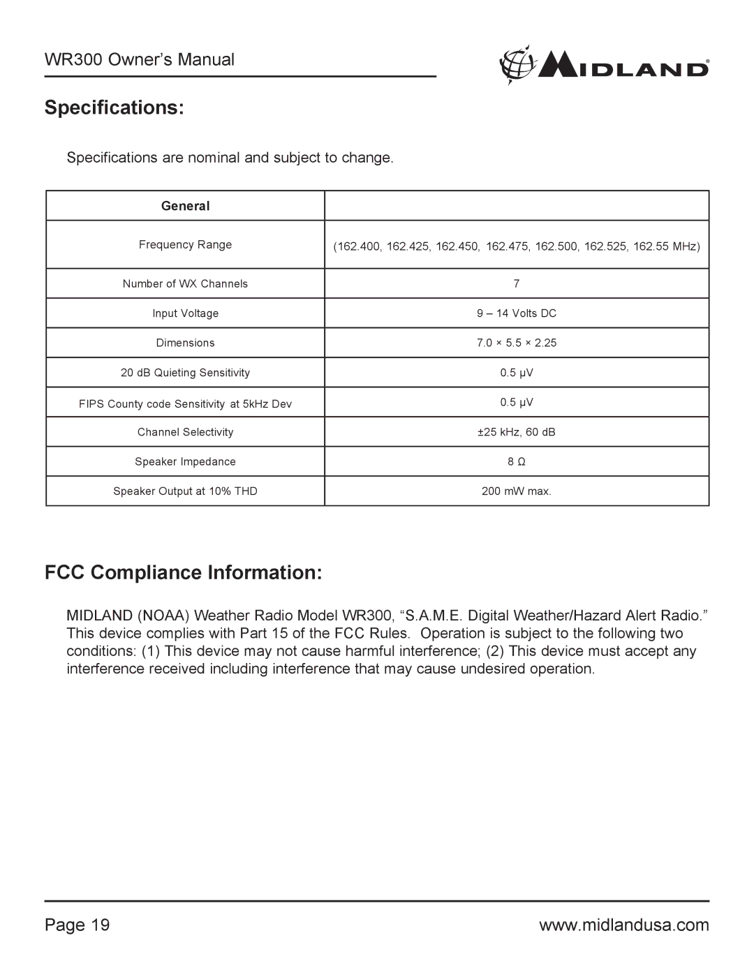 Midland Radio WR300 owner manual Specifications, FCC Compliance Information 