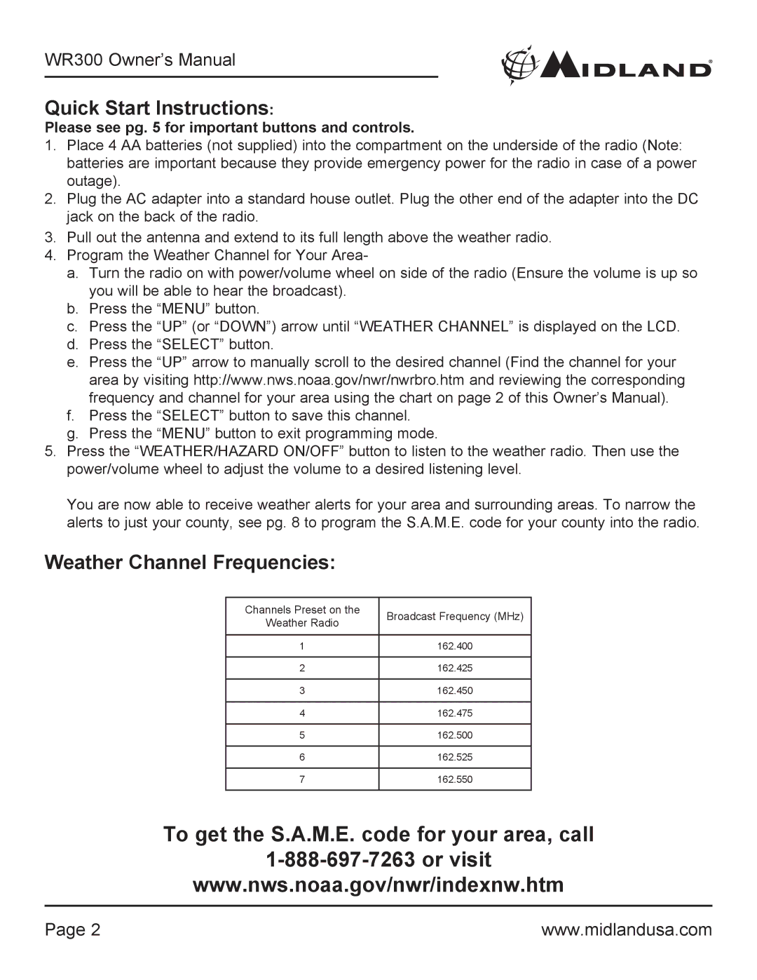 Midland Radio WR300 owner manual Quick Start Instructions, Weather Channel Frequencies 