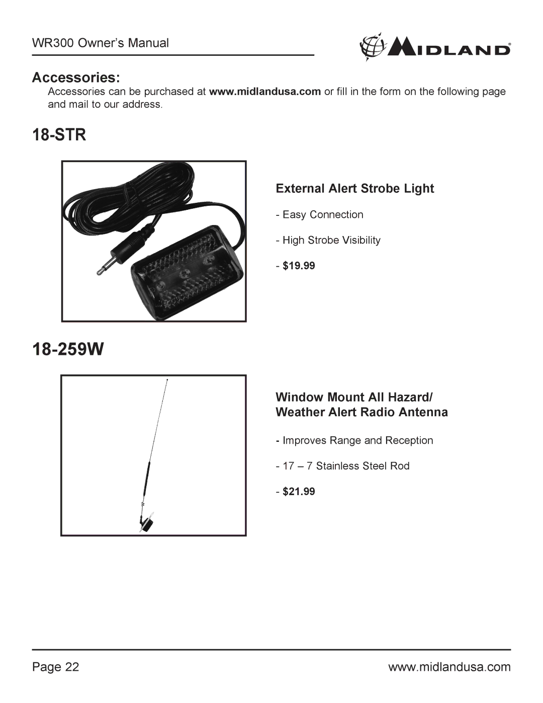 Midland Radio WR300 owner manual 18-259W, Accessories 