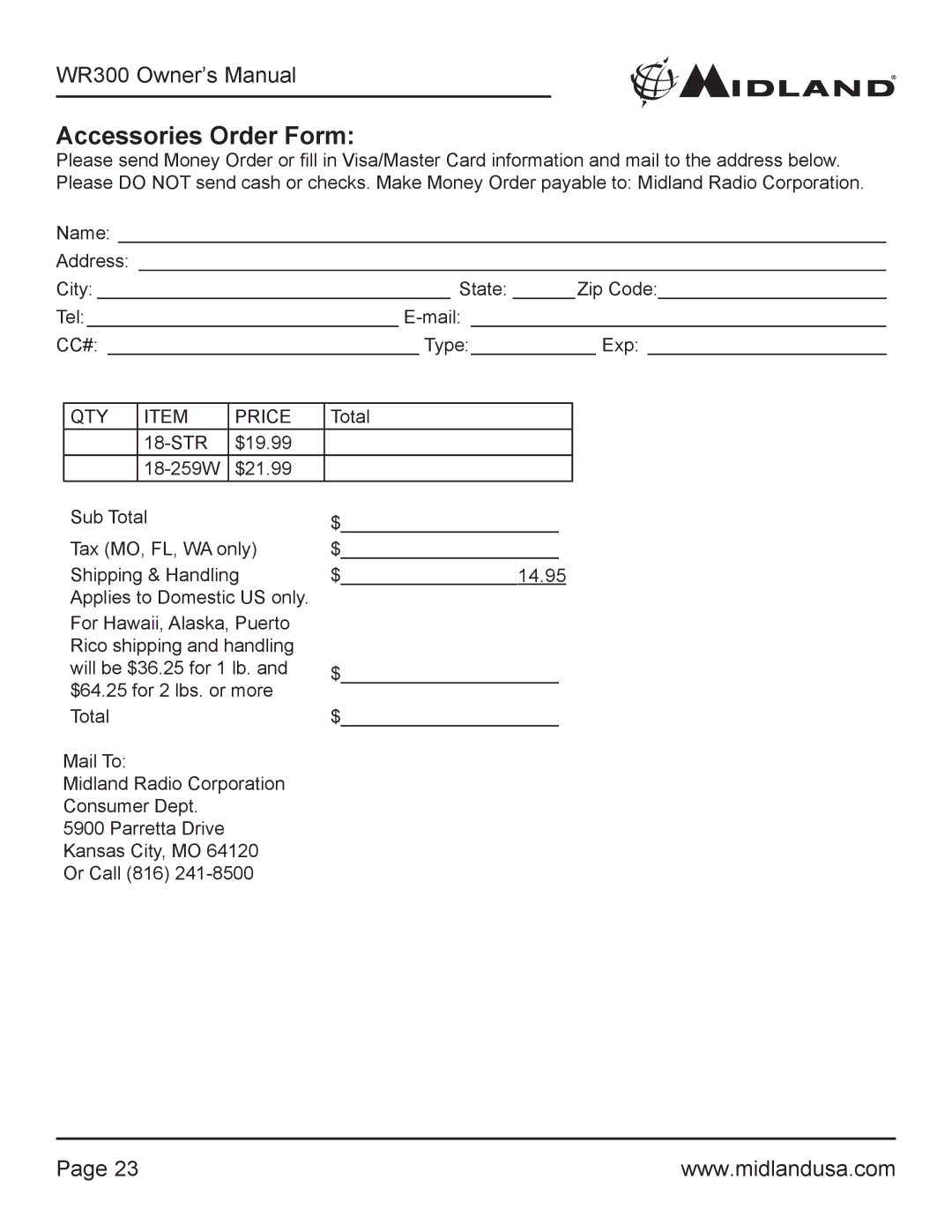 Midland Radio WR300 owner manual Accessories Order Form, QTY Price 