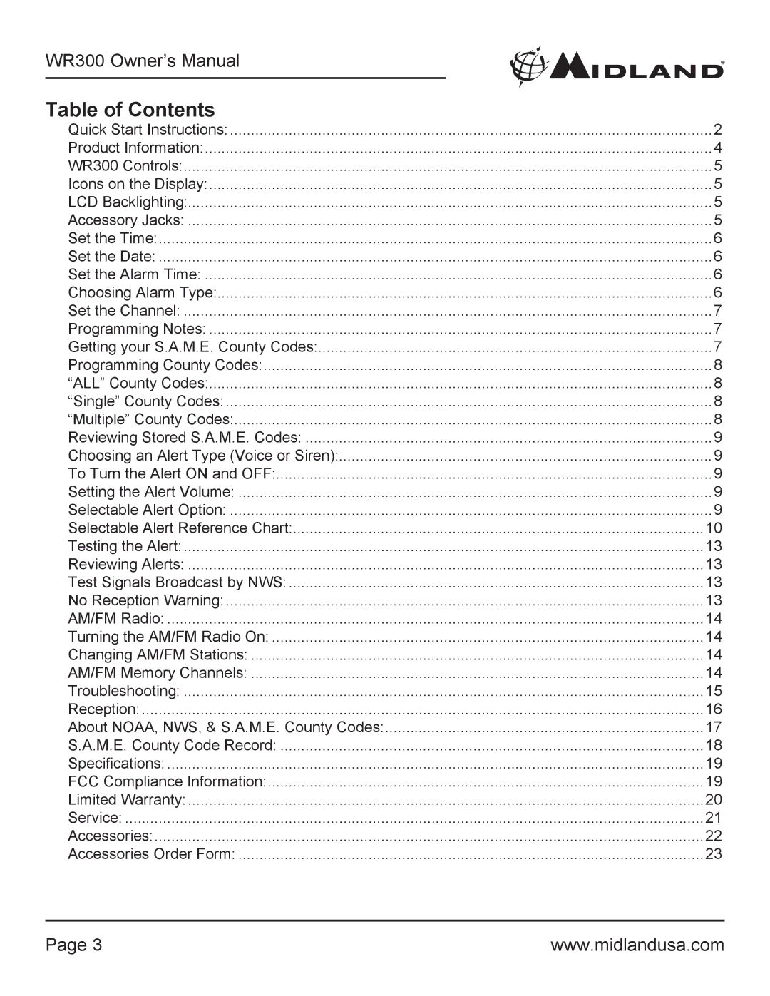 Midland Radio WR300 owner manual Table of Contents 