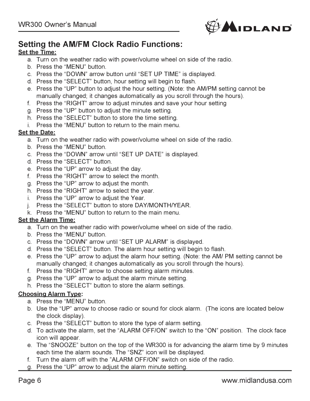 Midland Radio WR300 owner manual Setting the AM/FM Clock Radio Functions, Set the Time 